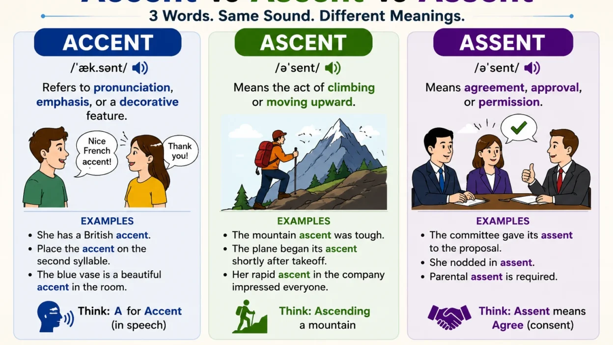 Accent vs Ascent vs Assent